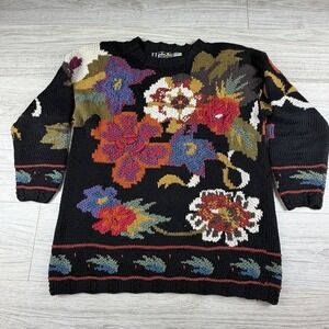 Vintage Forenza 3D Floral Knit Sweater Black  Multi‎ Color 90s Women's Sz Medium